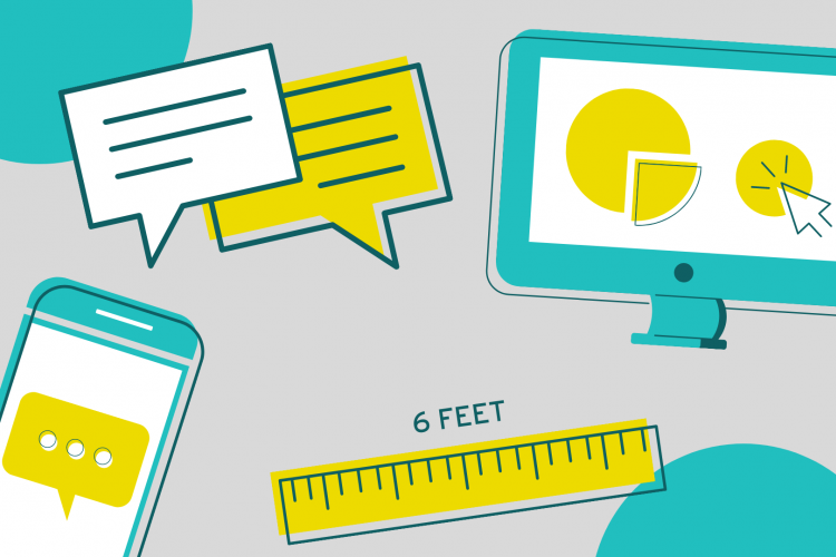drawing of cell phone, computer, a six foot measurement, and speech bubbles