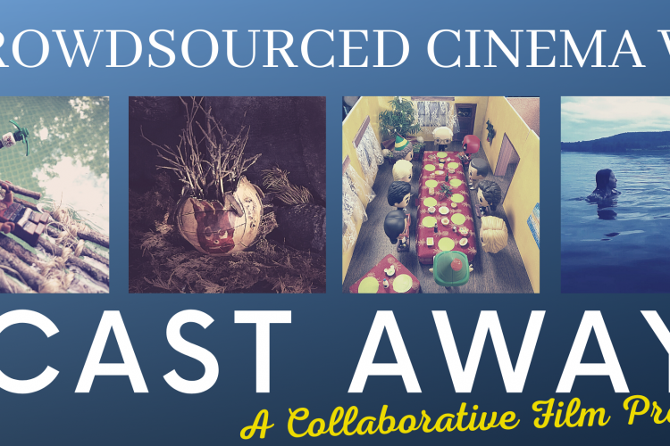 crowdsourced banner of stills from movie: lego man on raft, volleyball, woman in water with raft