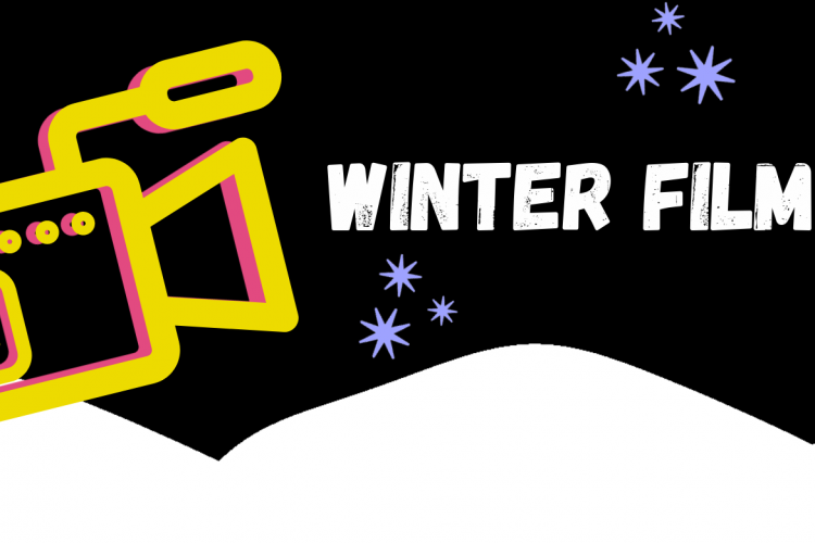 video camera sketch in snow with words "Winter Film Club"