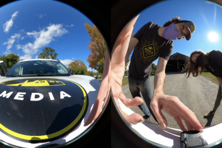 two circles of a 360 photo, one the Media Factory van, another two people looking at lens