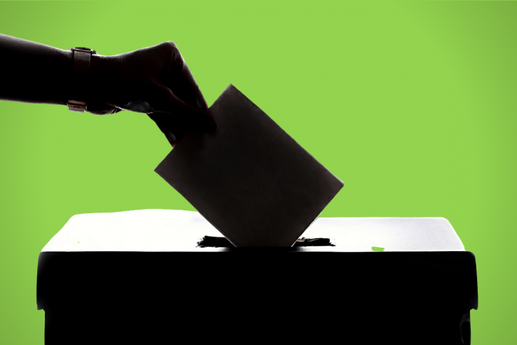 A green background with a silhouette of a hand putting a ballot in a box