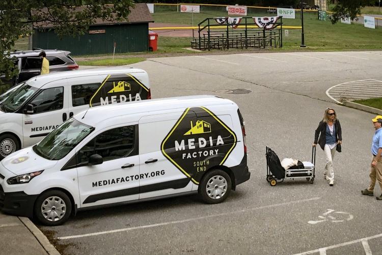 View from above of Media Factory vans, Wendy with Shelburne Town Manager