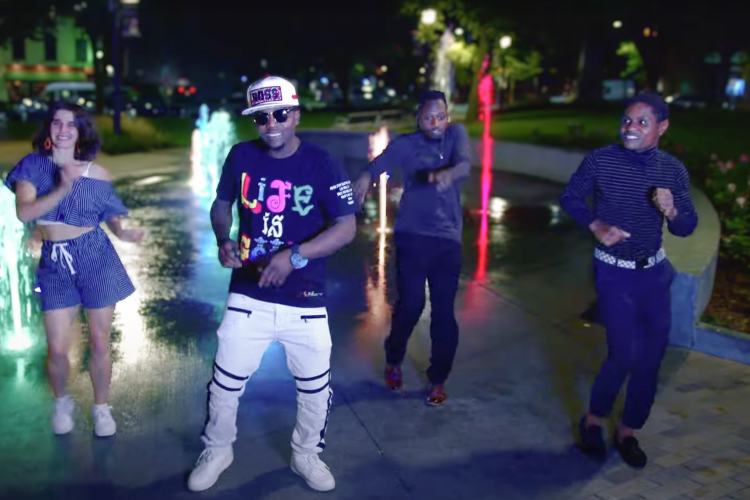 The Band A2VT dancing outdoors for their video "One Time Only."