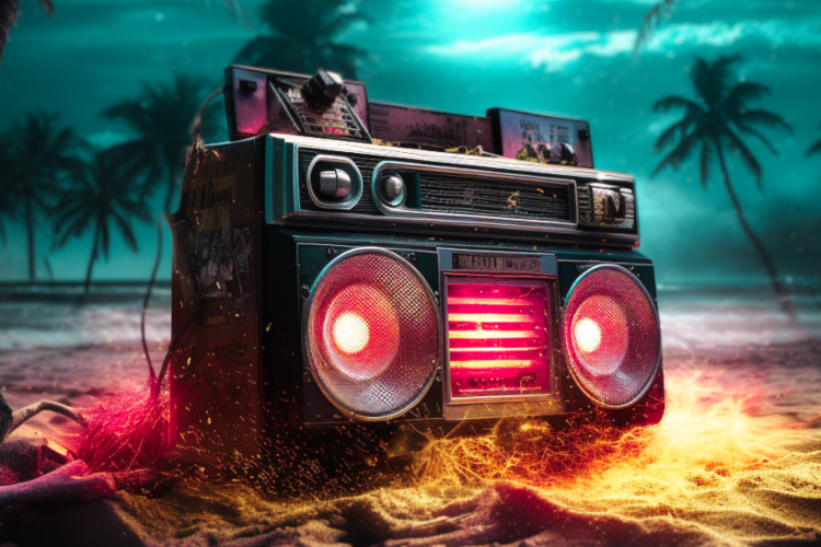 AI generated image of a boom box with sparks coming off of it, in the sand on the beach.