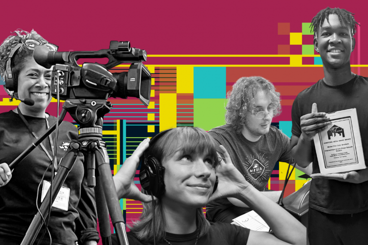 interns and scholarship winners using cameras, headphones, computers, and holding up awards