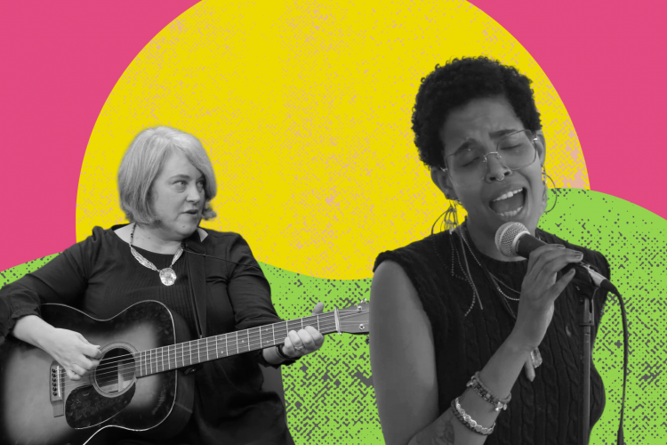 Jen Larson and Tatiana Bruno on a colorful sun graphic