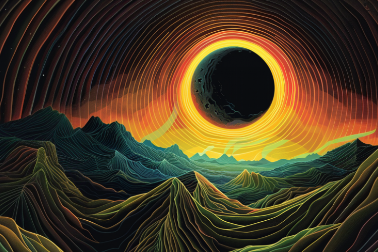 ai rendered image of an eclipse over mountains