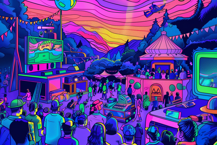 AI generated image of a surreal music festival in rainbow colors