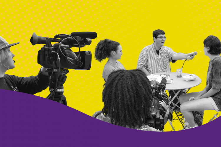 a collage with two people with video cameras, and a group of people sitting around a table