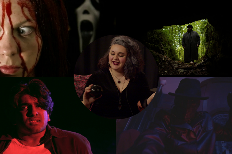 A collage of horror film stills: A blood covered woman, a man at a cave entrance, a masked person with a knife, a scared man and a woman with a magic eight ball