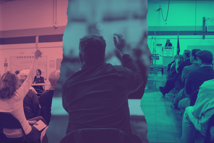 a collage of people with raised hands at Town Meeting Day information sessions.