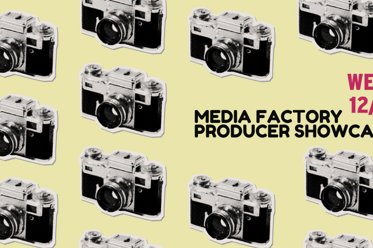 cameras on a field of yellow with the words "Media Factory Producer Showcase" 