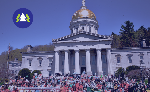Photograph of the Vermont Capitol building with a crowd gathered in front