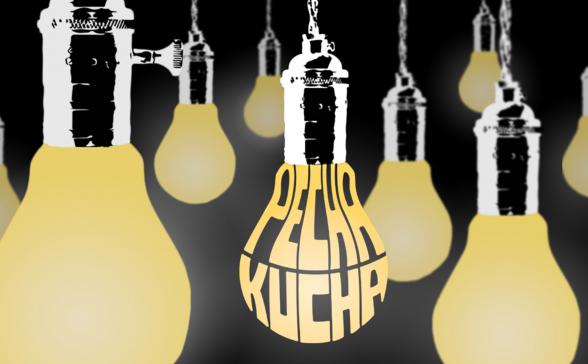 Pechakucha Night Burlington Vol. 20 logo featuring a hanging lightbulbs