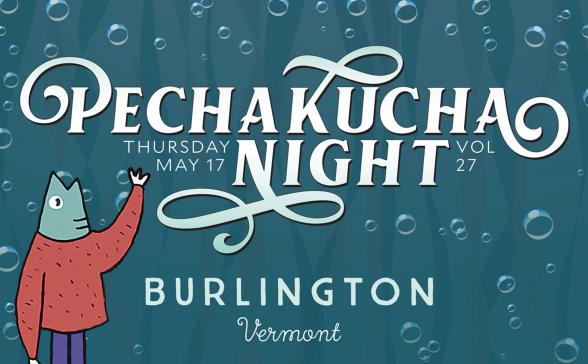 Banner for Pechakucha Night Vol. 27 featuring an anthropomorphic fish waving