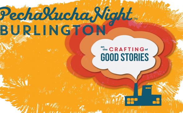 Pechakucha Night Burlington Vol. 21 logo featuring a factory