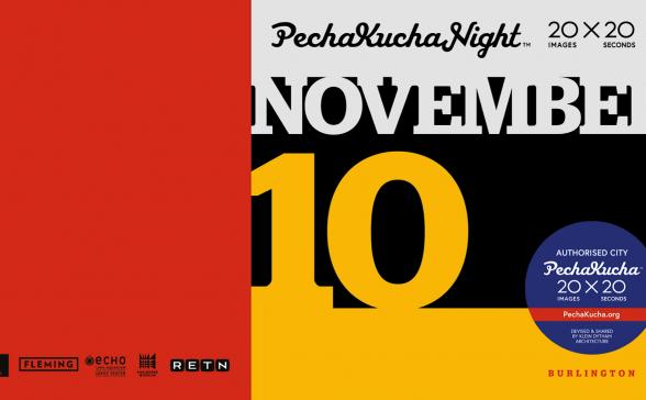 Banner for Pechakucha Night Vol. 22 featuring a red, yellow, white and black background