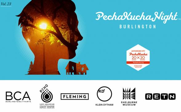 Banner for Pechakucha Night Vol. 23 featuring a the sun through tree limbs inside the silhouette of a head 