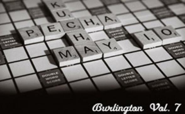 Pechakucha Night Burlington Vol. 7 logo featuring a scrabble tiles