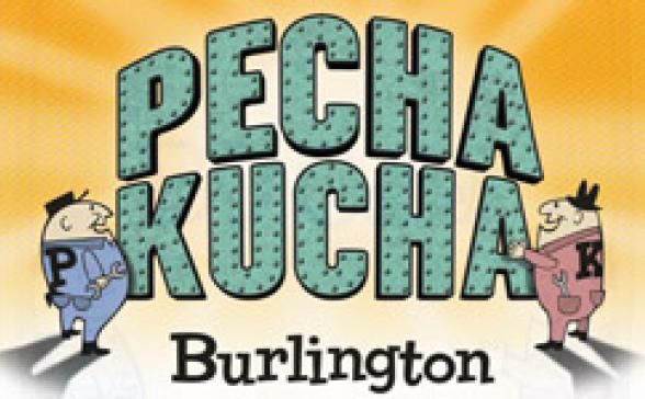 Pechakucha Night Burlington Vol. 8 logo featuring workers