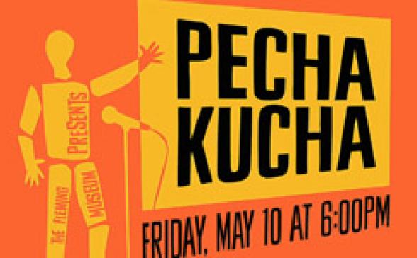 Pechakucha Night Burlington Vol. 10 logo featuring an "Anatomy of A Murder" figure