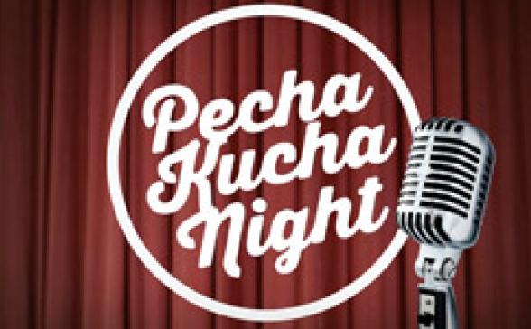 Pechakucha Night Burlington Vol. 11 logo featuring a stage curtain