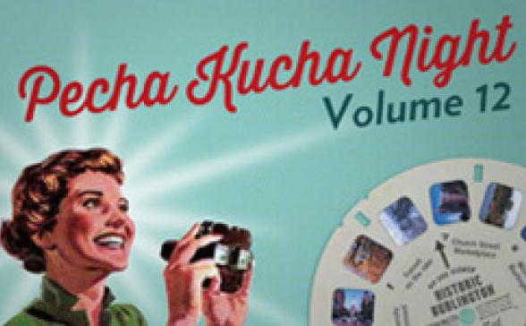 Pechakucha Night Burlington Vol. 12 logo featuring a woman with a ViewMaster