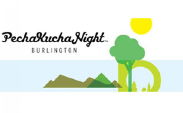 Pechakucha Night Burlington Vol. 13 logo featuring a trees and mountains