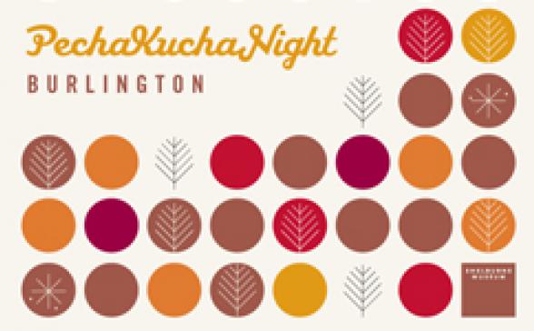 Pechakucha Night Burlington Vol. 14 logo featuring a circles and trees