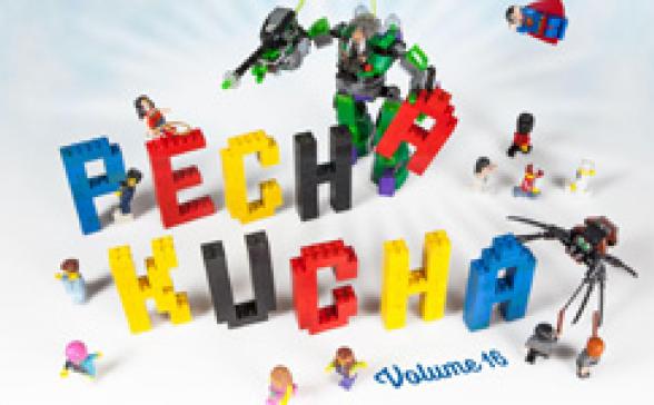 Pechakucha Night Burlington Vol. 16 logo featuring a legos