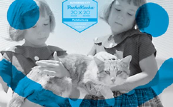 Pechakucha Night Burlington Vol. 17 logo featuring two children holding a cat