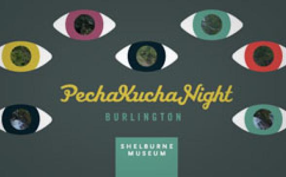 Pechakucha Night Burlington Vol. 18 logo featuring a series of eyes