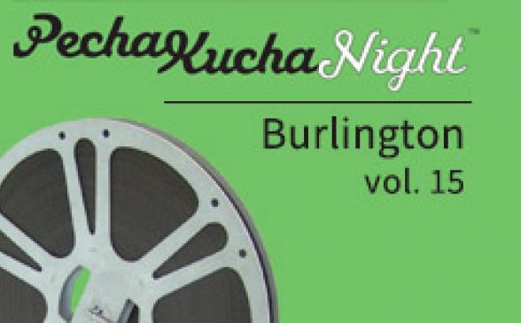 Pechakucha Night Burlington Vol. 15 logo featuring a film reel
