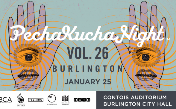Banner for Pechakucha Night Vol. 26 featuring a purple hands with eyeballs and mouths