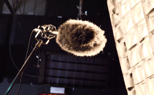 A shotgun microphone on a boom pole