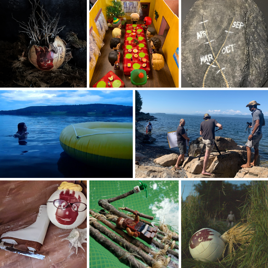 Stills from Cast Away: Wilson the volleyball, a dinner table with dolls, a rock calendar, a woman in the water by a raft, a team of 3 men filming, an iceskate and volleyball, a Lego figure on a raft, a man hiding behind a raft