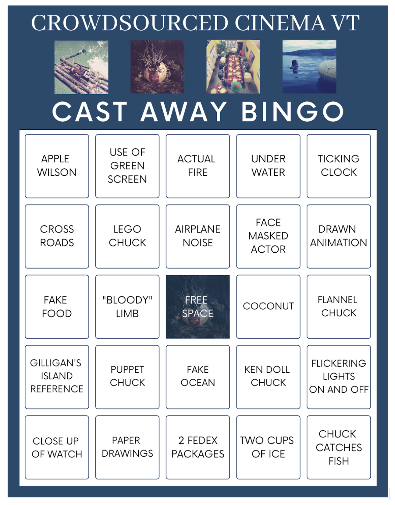 bingo board with Crowdsourced Cast Away trivia