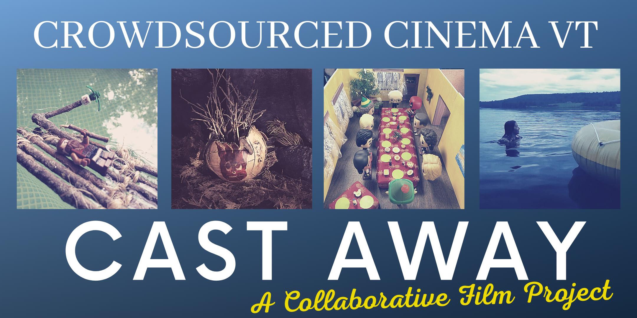 crowdsourced banner of stills from movie: lego man on raft, volleyball, woman in water with raft