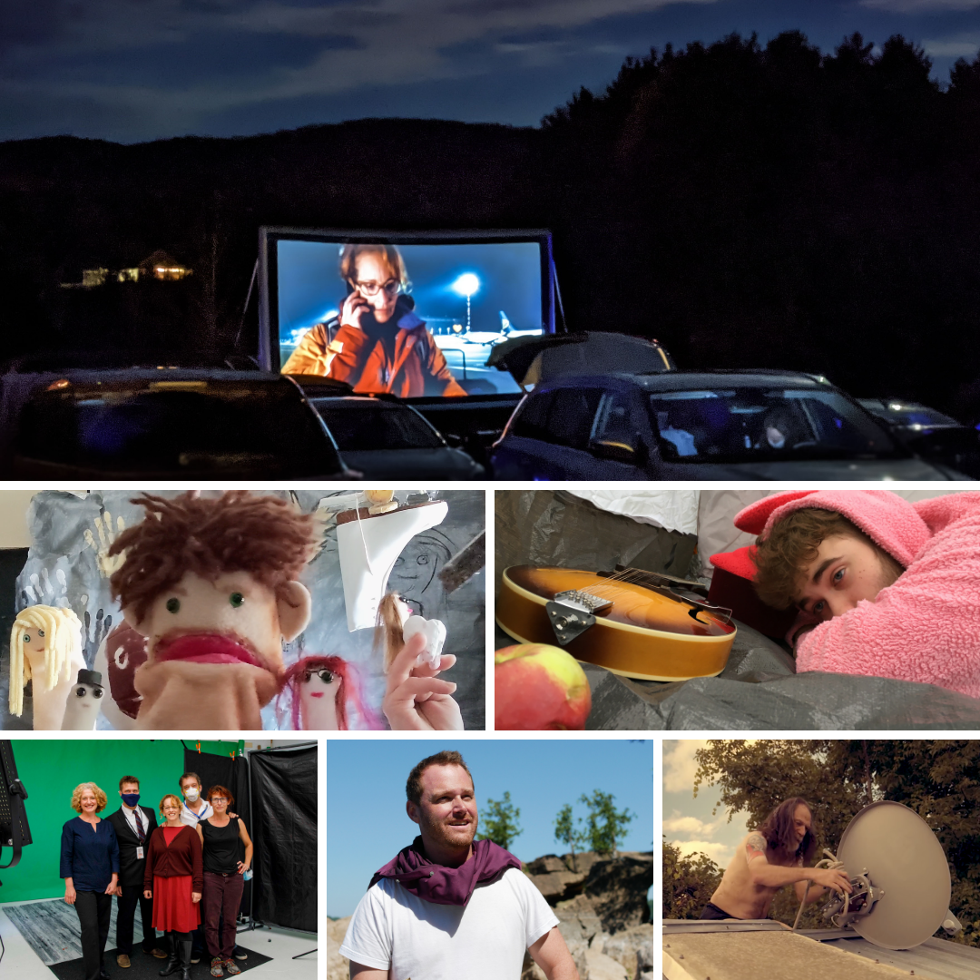 photos from Crowdsourced Cast Away: the film at a drive-in, a puppet Chuck, Chuck with Apple Wilson, the cast and crew of Plane Home, David as Chuck, RW as Chuck on a rooftop
