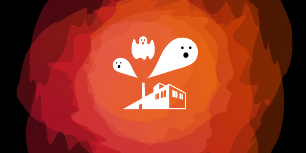 ghosts flying out of factory in front of orange and red swirl of color