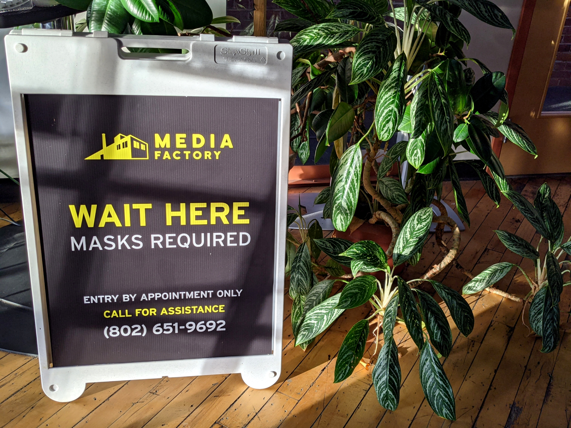 Image of Media Factory signage with COVID-19 information