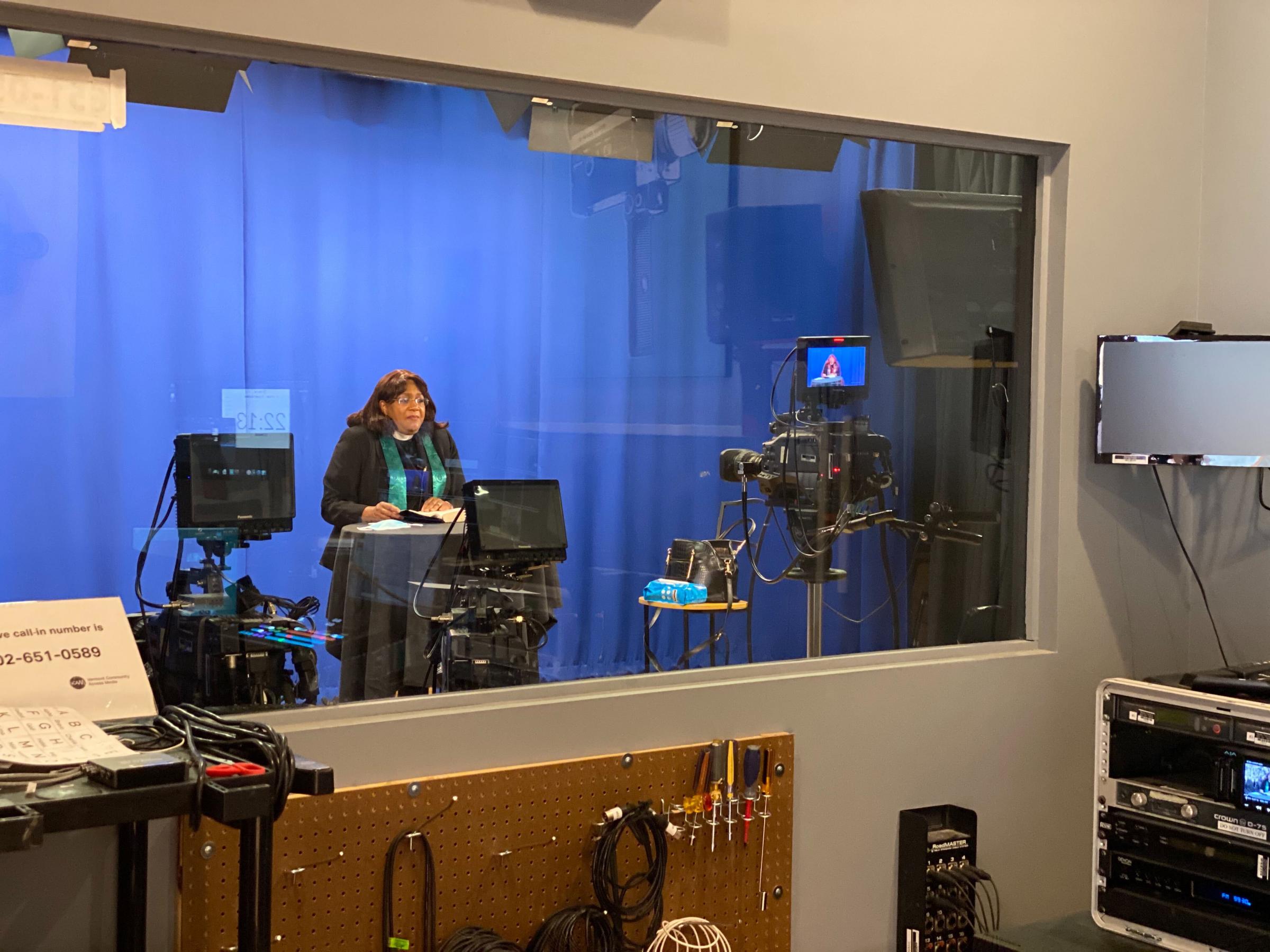Reverend Ramona Guadalupe in the Media Factory TV studio