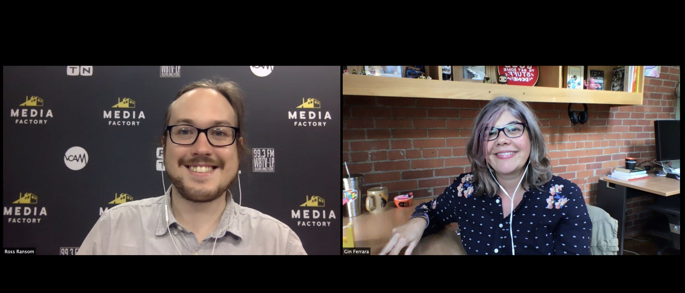 Ross and Gin in two Zoom windows smiling