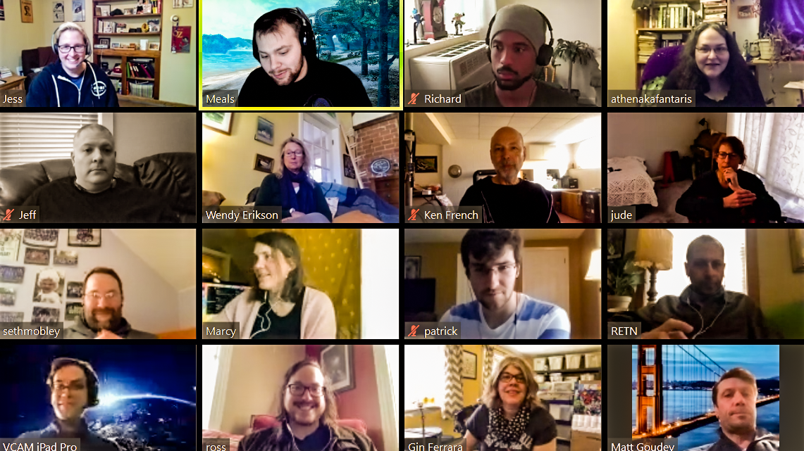 A grid of 16 faces - Media Factory staff in a Zoom meeting