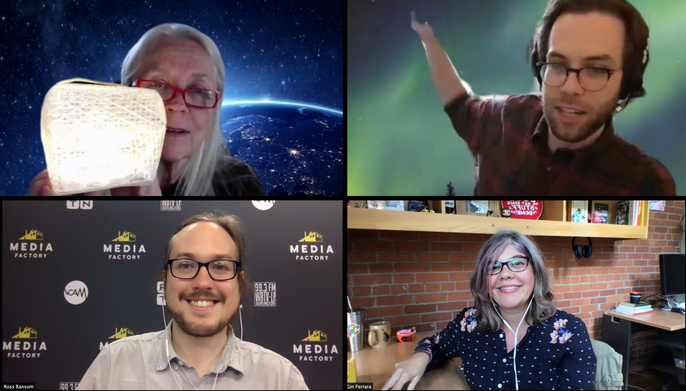 Four people smiling and talking during an online workshop