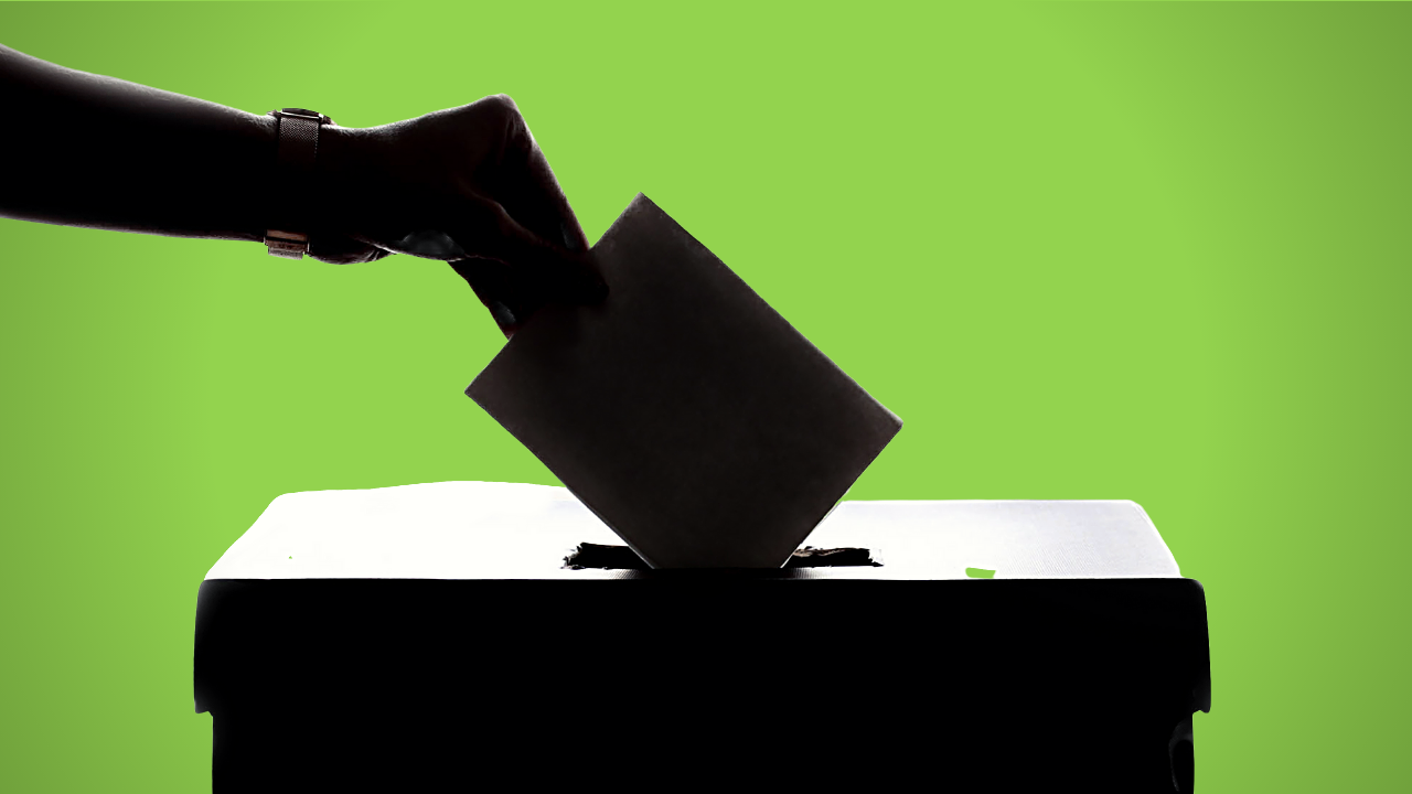 A green background with a silhouette of a hand putting a ballot in a box