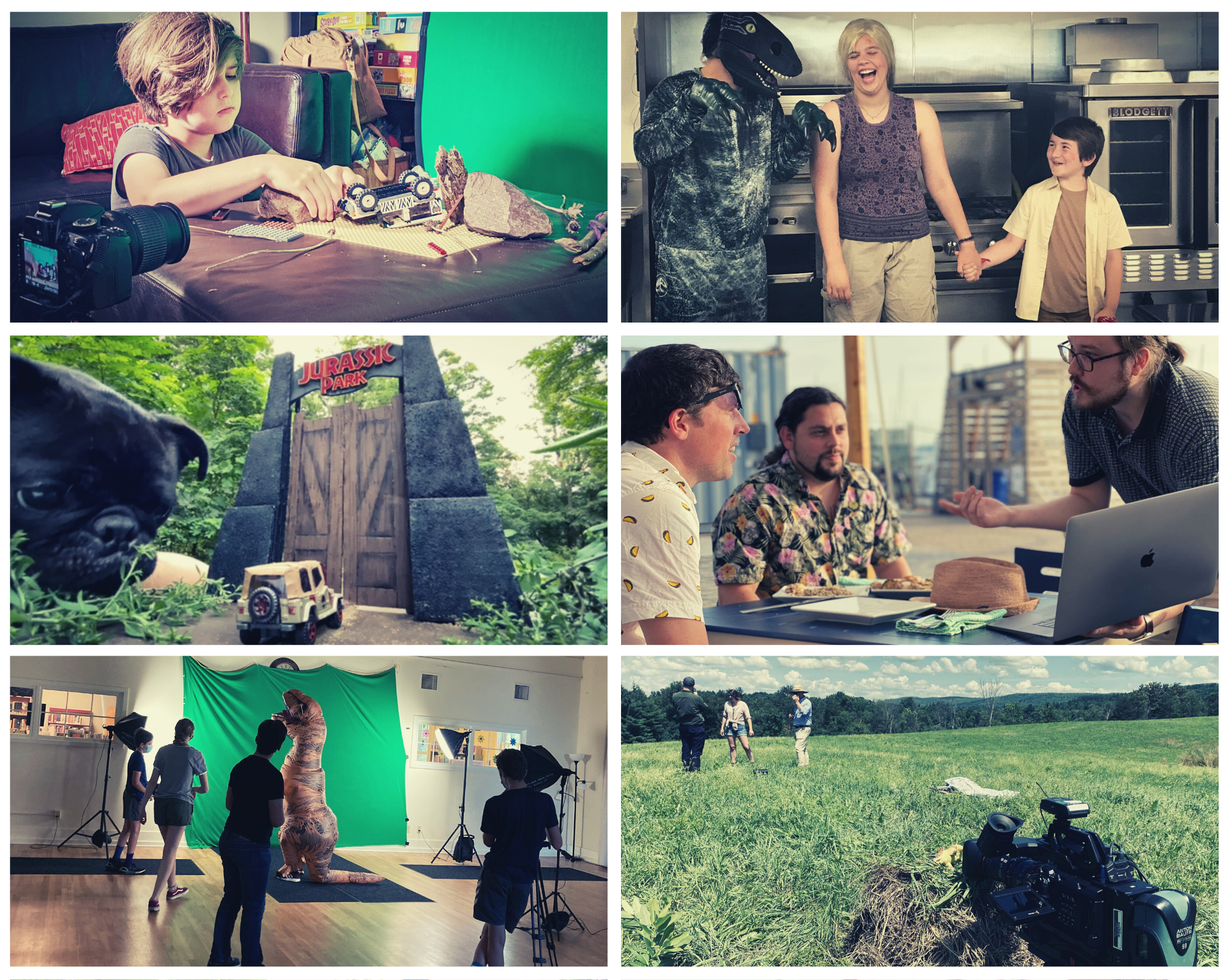 Behind the scenes stills: a kid animating, two people laughing with a raptor, a pug with a mini jeep, three people talking at a table, a trex in front of a green screen, a camera in a field