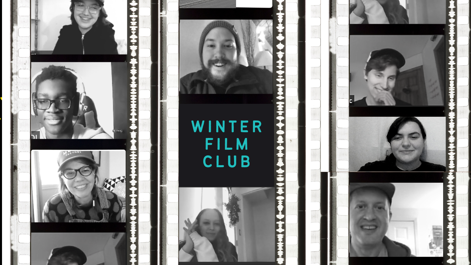 film strip with photos of film club members