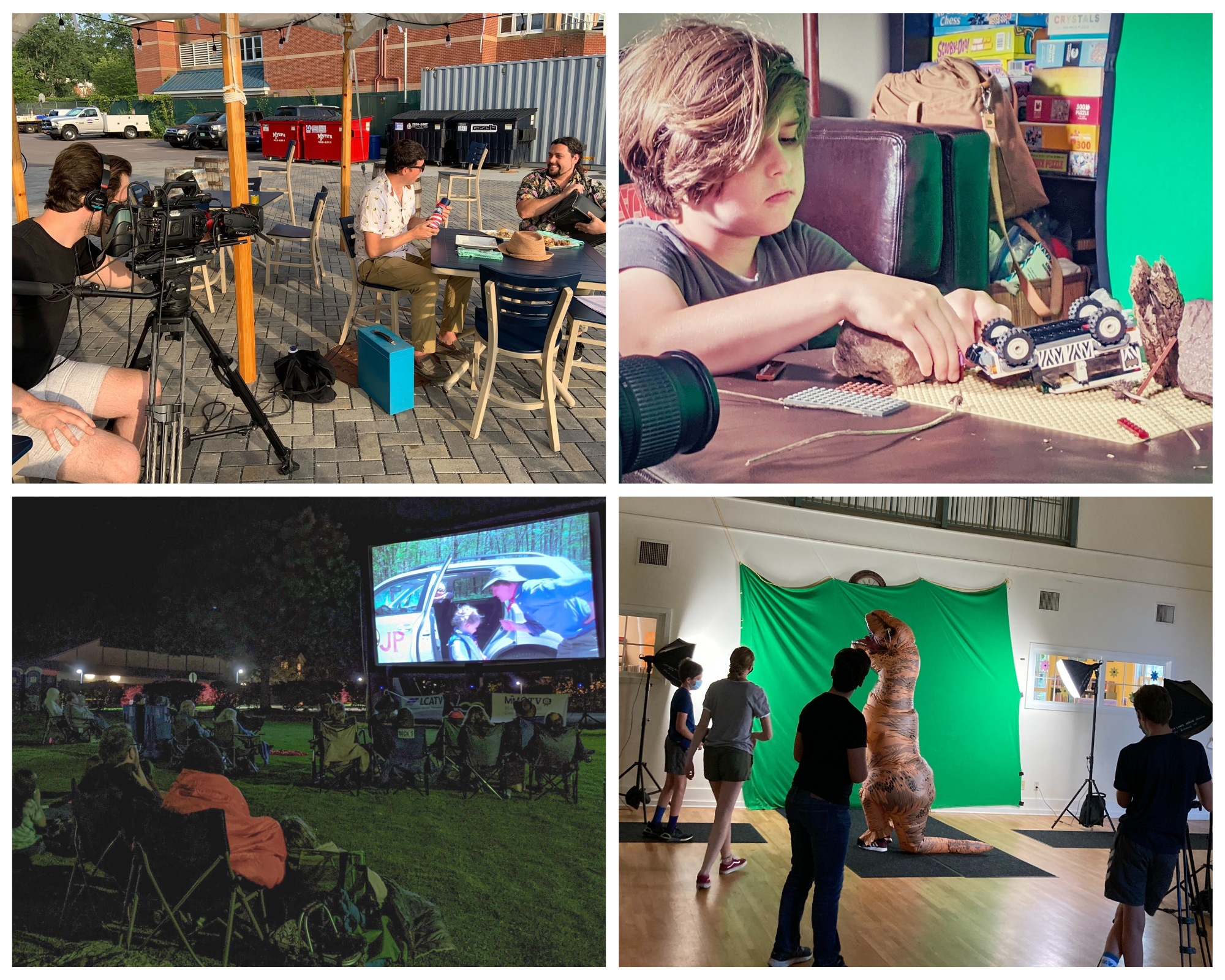 Behind the scene shots of Crowdsourced Jurassic Park, filming actors, animating legos, a dinosaur costume on a green screen, and an outdoor screening
