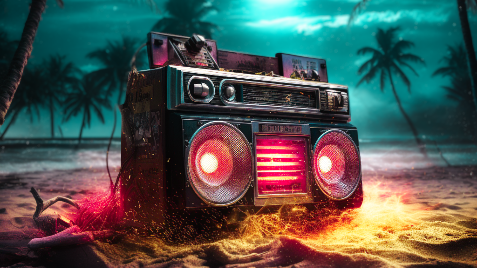 AI generated image of a boom box with sparks coming off of it, in the sand on the beach.